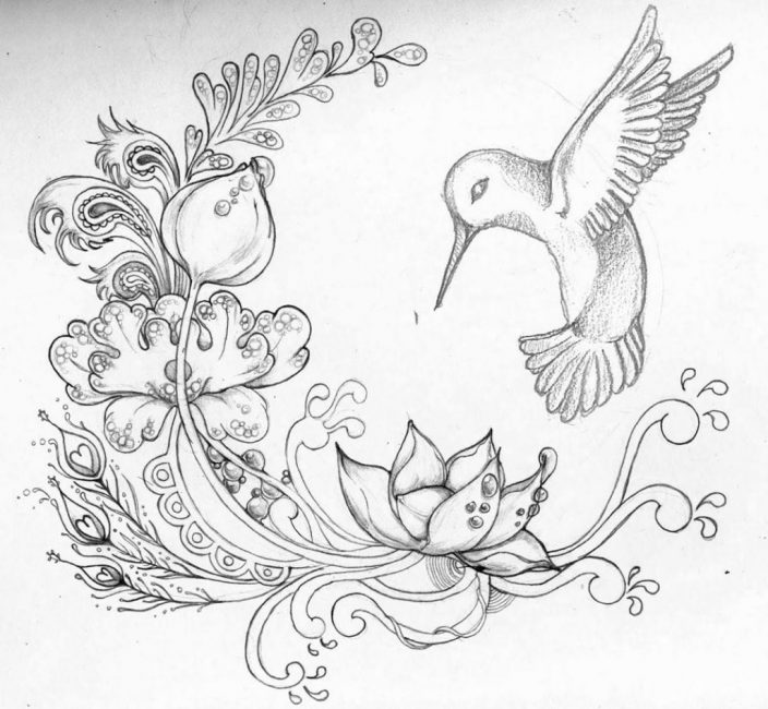 Рисунок для наколки: колибри порхающая над цветущим лотосом