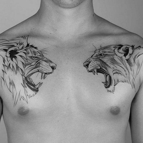 Татуировка льва и львицы на груди