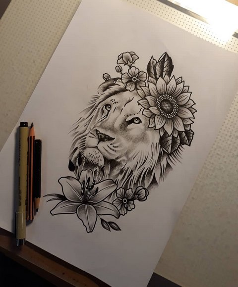 Рисунок льва с цветком