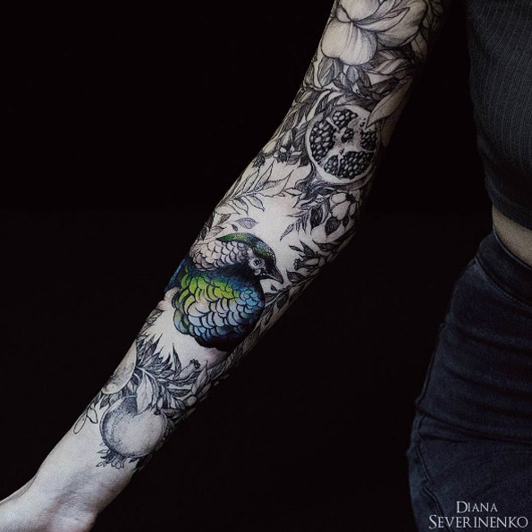 Colored pheasant full sleeve by Diana Severinenko