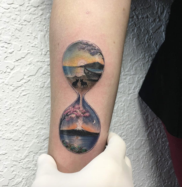 Landscape hourglass tattoo by Eva Krbdk