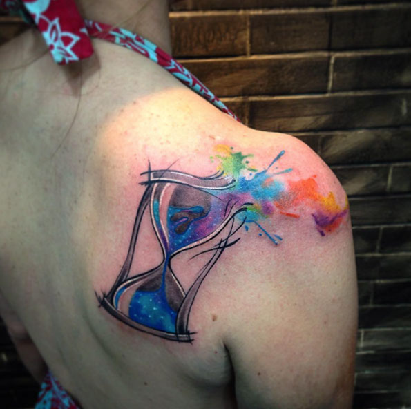 Watercolor hourglass tattoo by Ben-Hur Leite