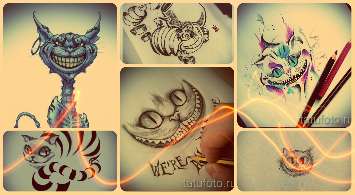Эскизы тату Чеширский кот - классные рисунки для татуировки