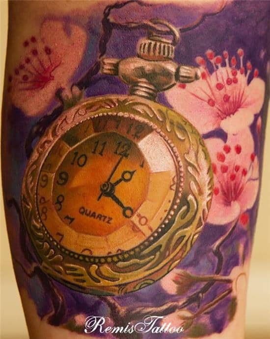 pocket watch flower tattoo