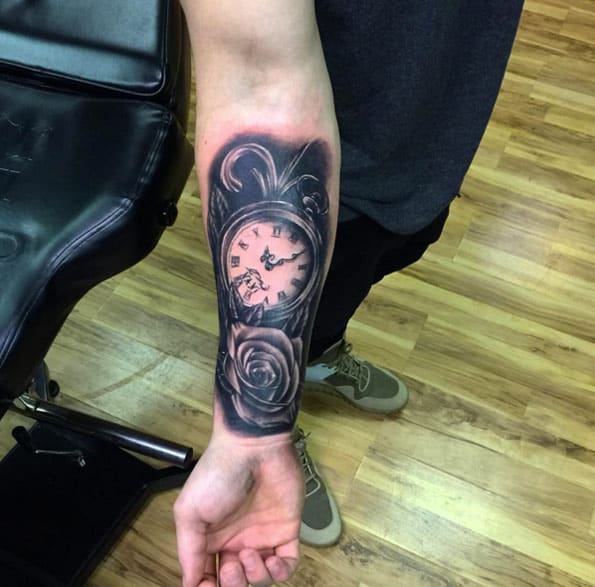 Pocket Watch Tattoo on Forearm by Carmelo Silva
