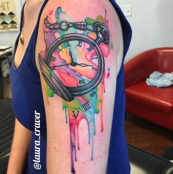 Watercolor Pocket Watch Tattoo by Laura Craver