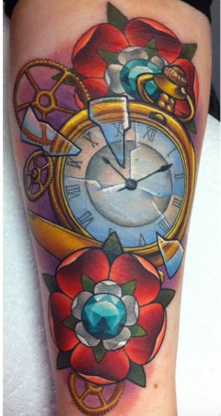 Colorful Pocket Watch Tattoo by Michelle Maddison