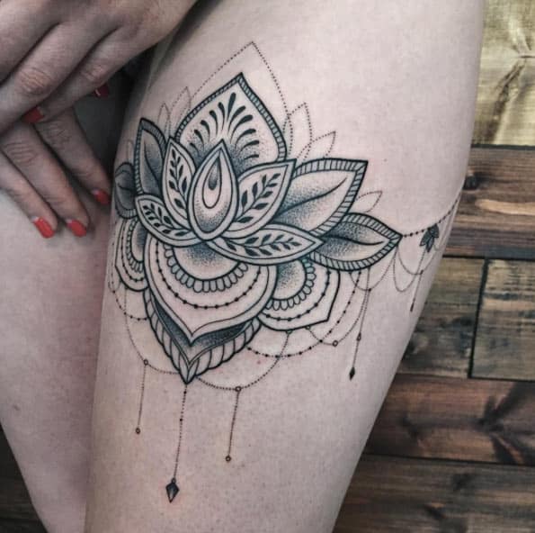 Lotus Flower Tattoo on Thigh by Sasha Masiuk
