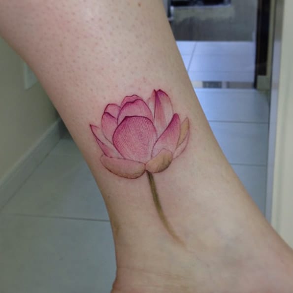 Pink Lotus Flower Tattoo on Ankle by Melina Casteletto