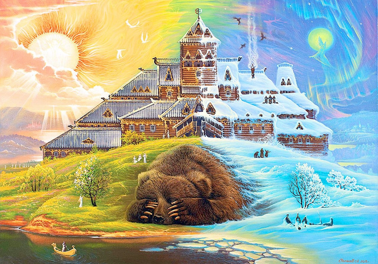 комоедица, масленица, медведь, картина, славянская культура, весна, солнце и луна